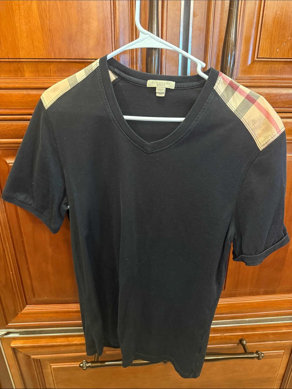 Burberry Black V-Neck Tee with Beige Vintage Check Shoulder Panels